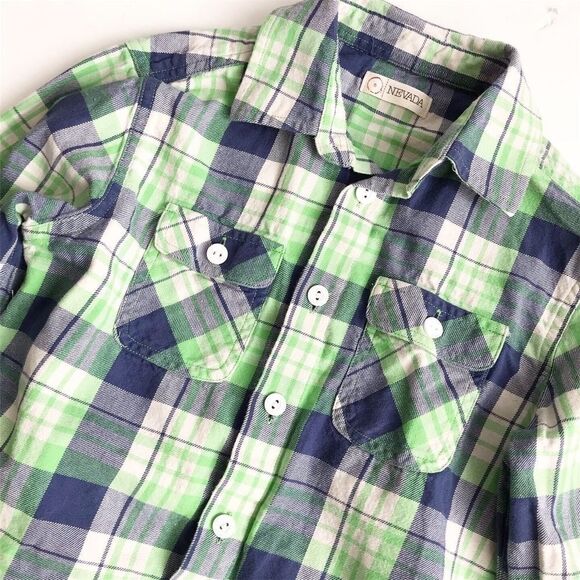 Nevada navy/green/white plaid button down EUC 8Y - Picture 2 of 2